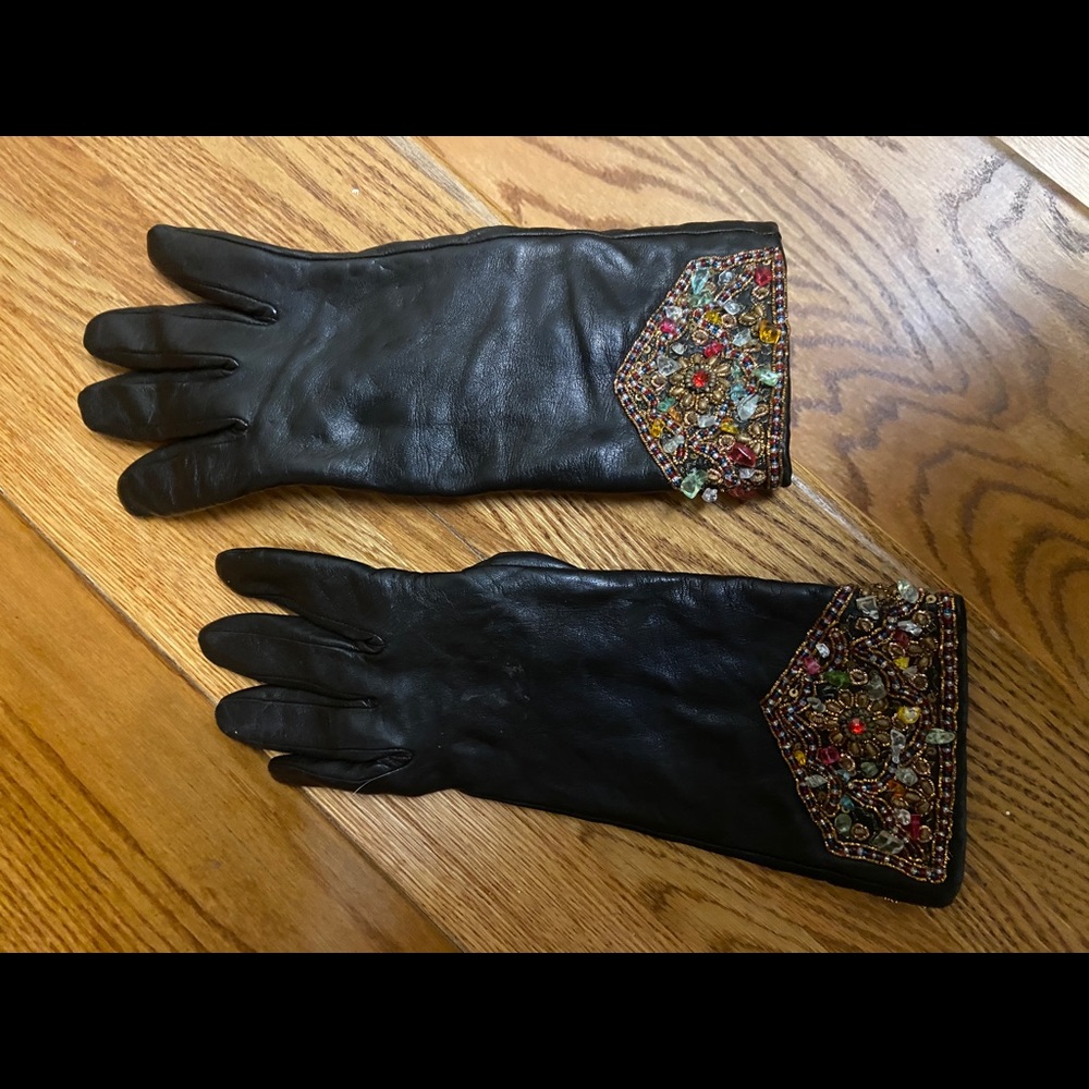 Vintage Embellished Black Leather Women's Gloves